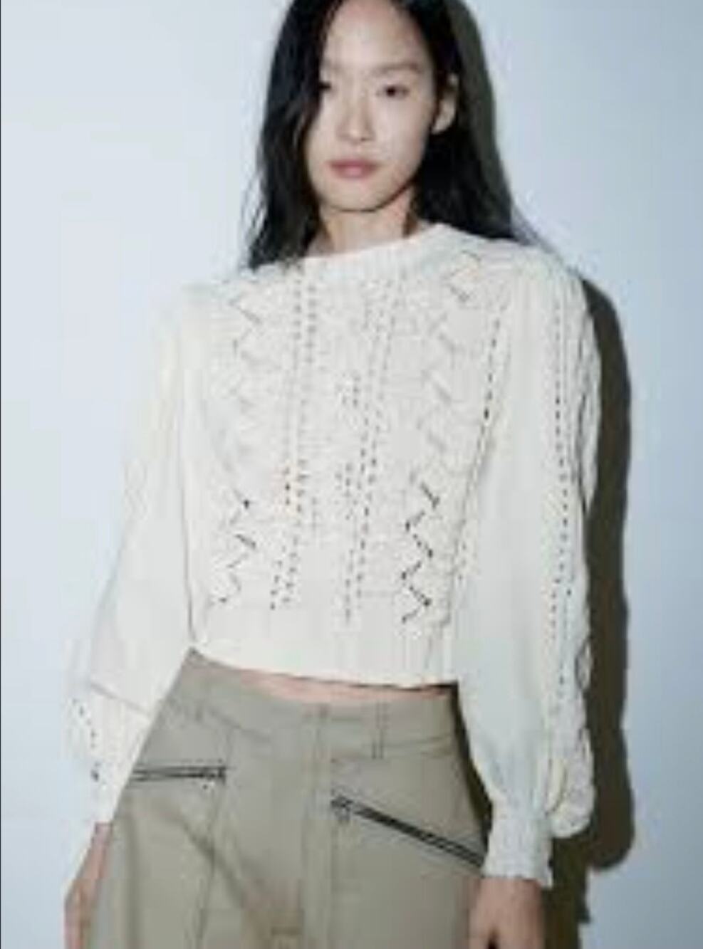 Zara puffy sleeve cropped pullover sweater M cream